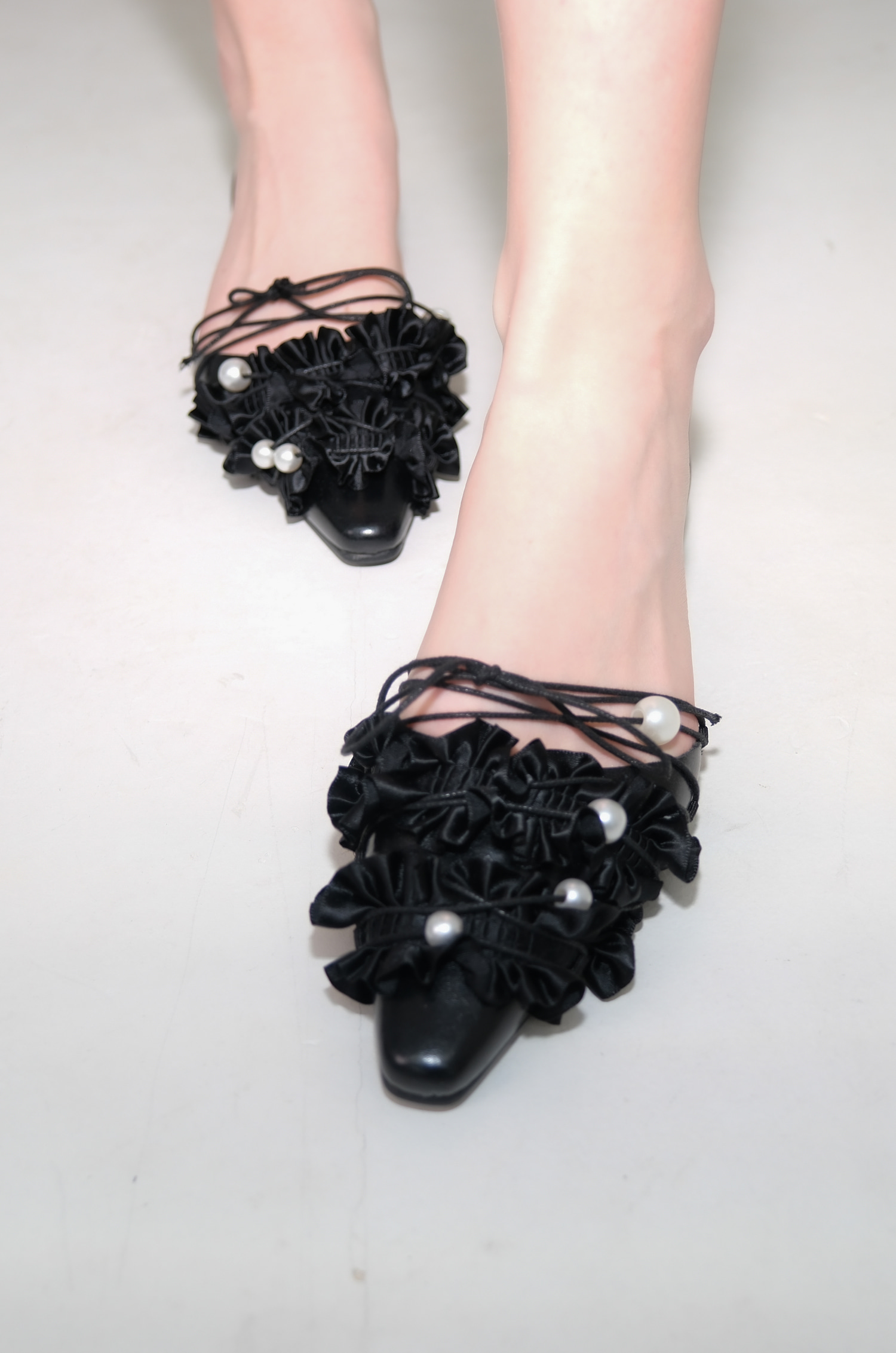 [Pearl custom] Frill lace low slippers* Black